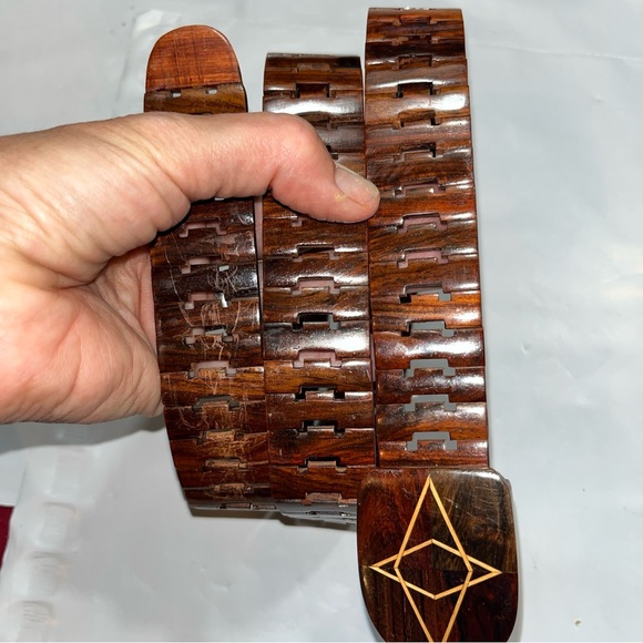 WOODEN brown hinged vintage 1970s Belt 38”long wooden Hook Buckle Glazed unisex - Picture 4 of 15